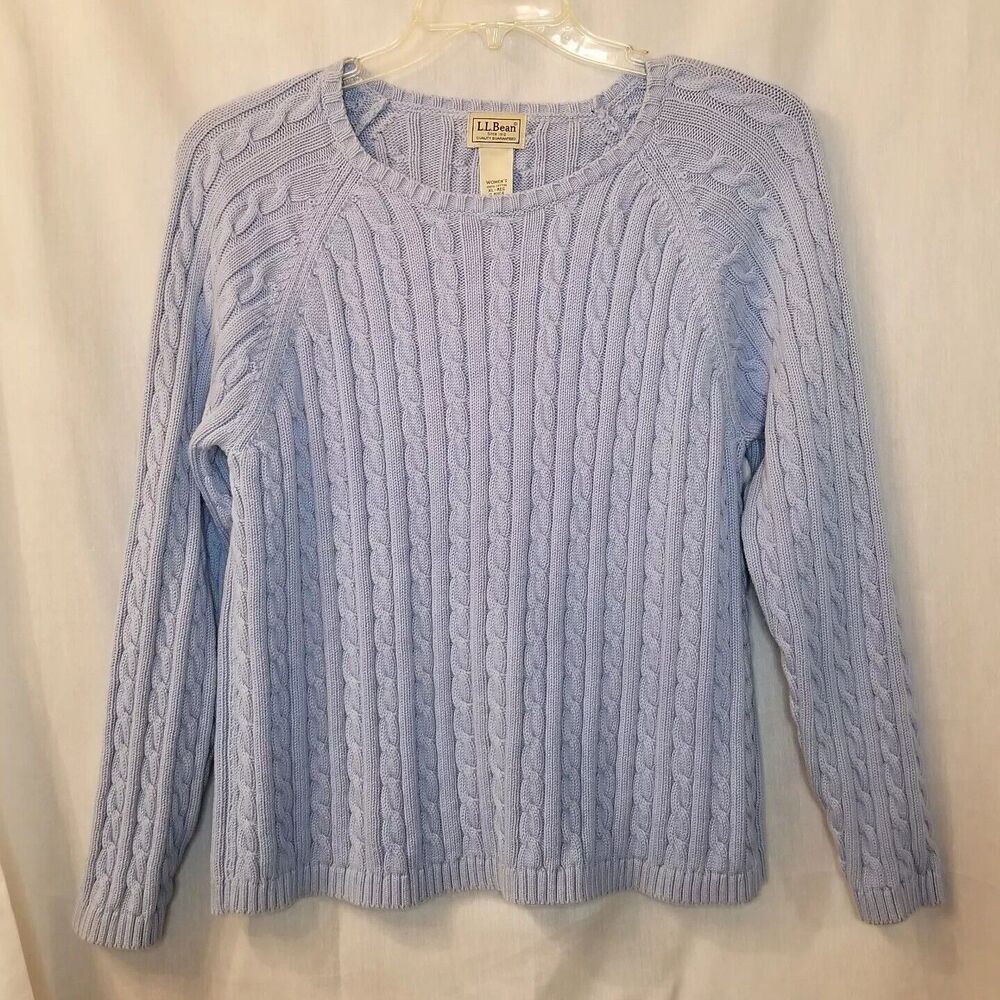 LL Bean Cable Knit Fisherman Sweater Womens XL Blue Cotton Winter Fall